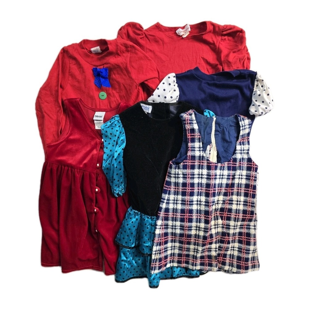 Vintage Girls Dress 6X AVY Blue Dots Ruffles Bow Lot Of 6
